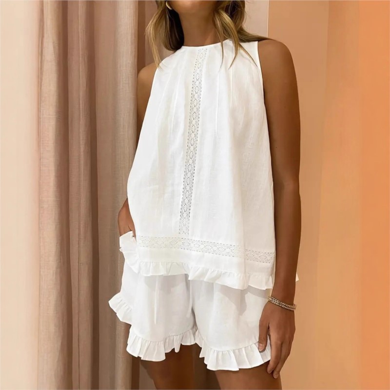Elastic Lace Trim - Neues Damen-Sommer-2-Teiler-Set: Weißes, lockeres Outfit mit